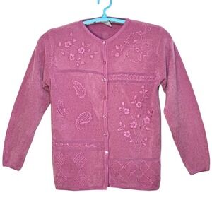 Littleton Womens Cardigan Sweater Pink Chenille Embroidered Beaded Cottagecore M